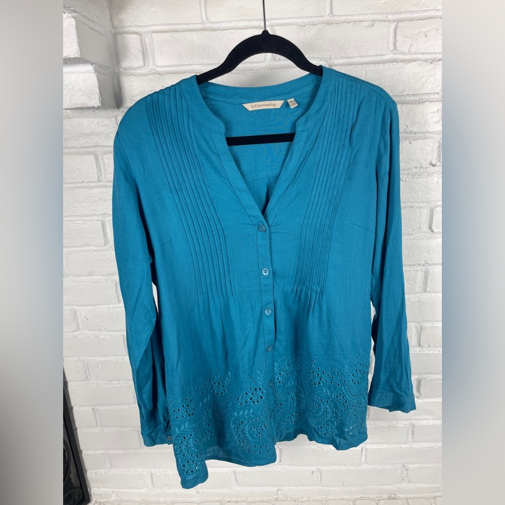 Soft Surroundings teal embroidered pintuck top XS feminine boho cottagecore